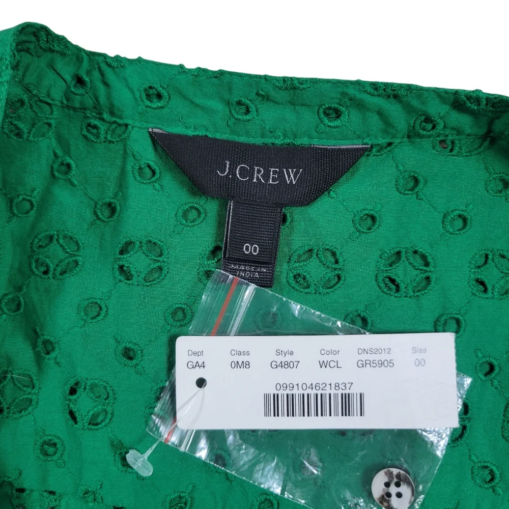 J Crew Eyelet Dress Womens 00 Kelly Green Sleeveless Button Front Clover‎ Preppy